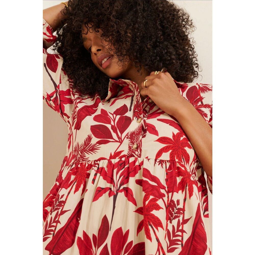 Maeve Medium Bettina Tiered Shirt Dress Red Tropical Floral Midi Boho Resort - Picture 3 of 11